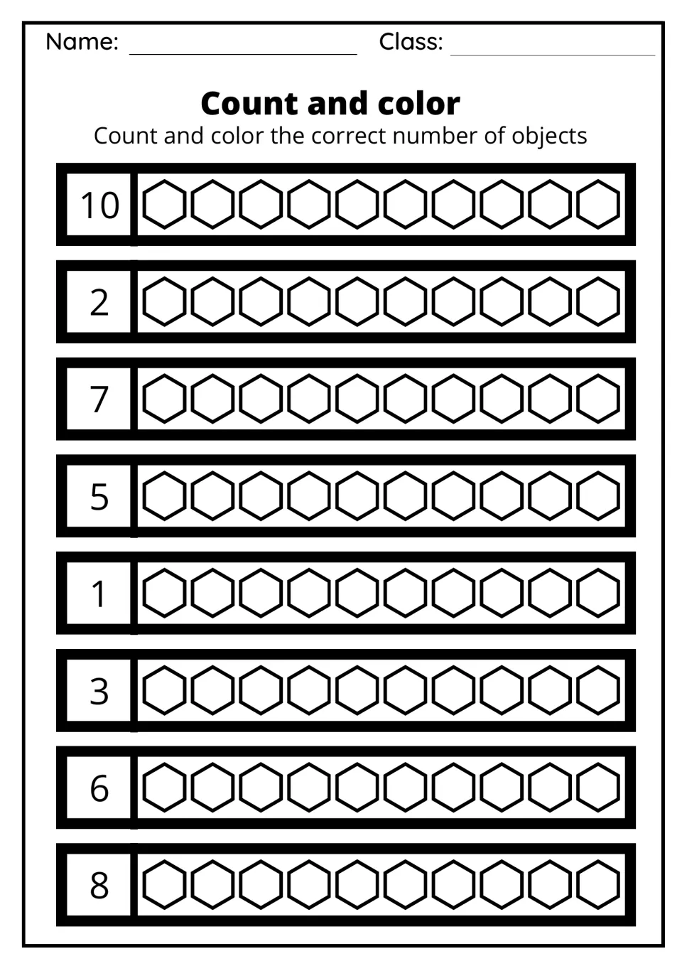 Count and color: students shade the hexagons in each set of ten to match the numbers 10, 2, 7, 5, 1, 3, 6 and 8