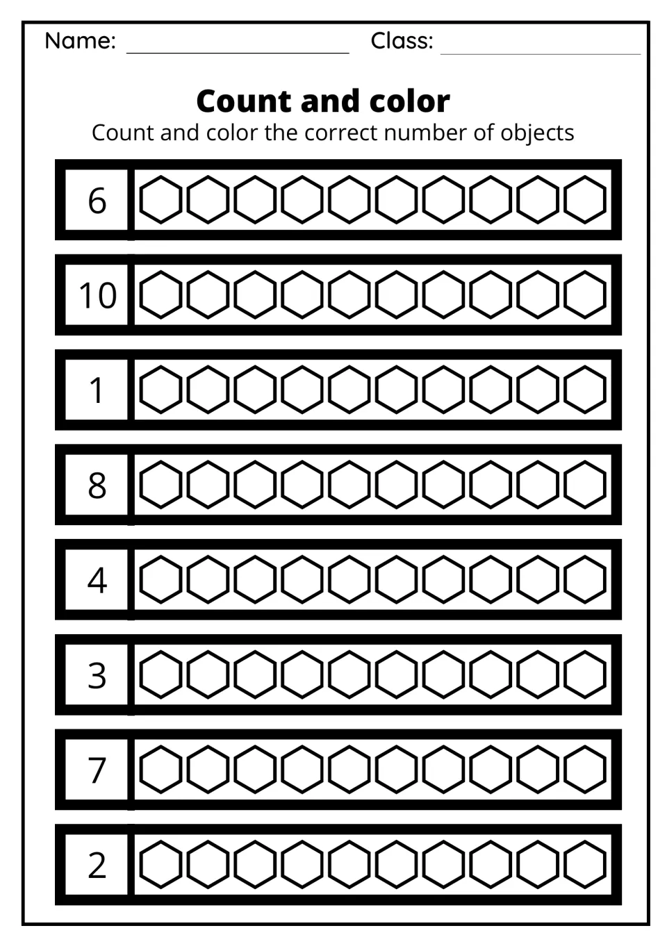 Count and color: students shade the hexagons in each set of ten to match the numbers 6, 10, 1, 8, 4, 3, 7 and 2