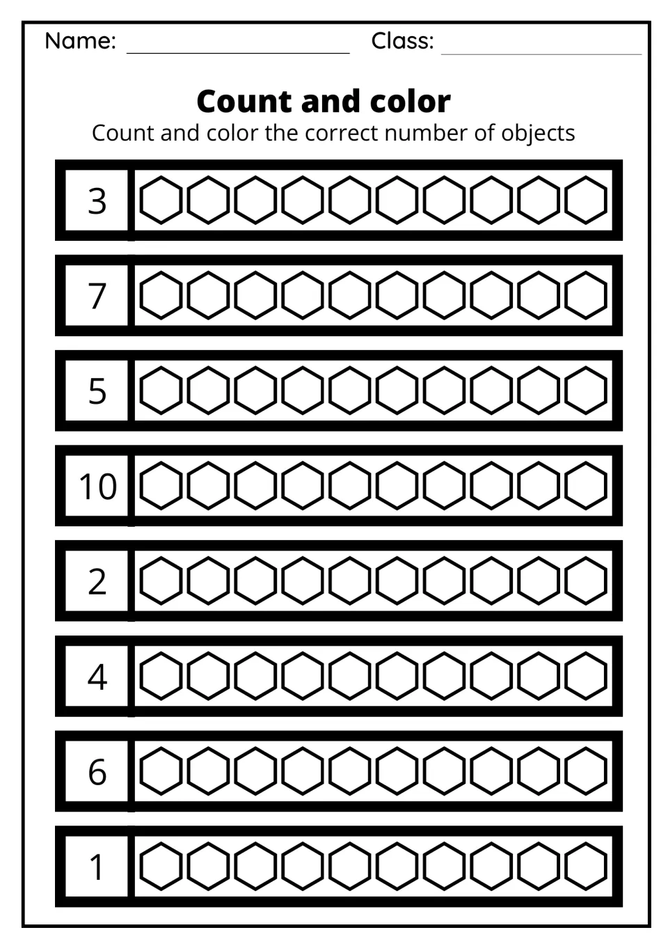 Count and color: students shade the hexagons in each set of ten to match the numbers 3, 7, 5, 10, 2, 4, 6 and 1