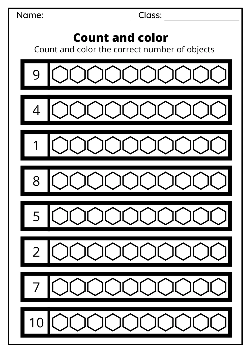 Count and color: students shade the hexagons in each set of ten to match the numbers 9, 4, 1, 8, 5, 2, 7 and 10