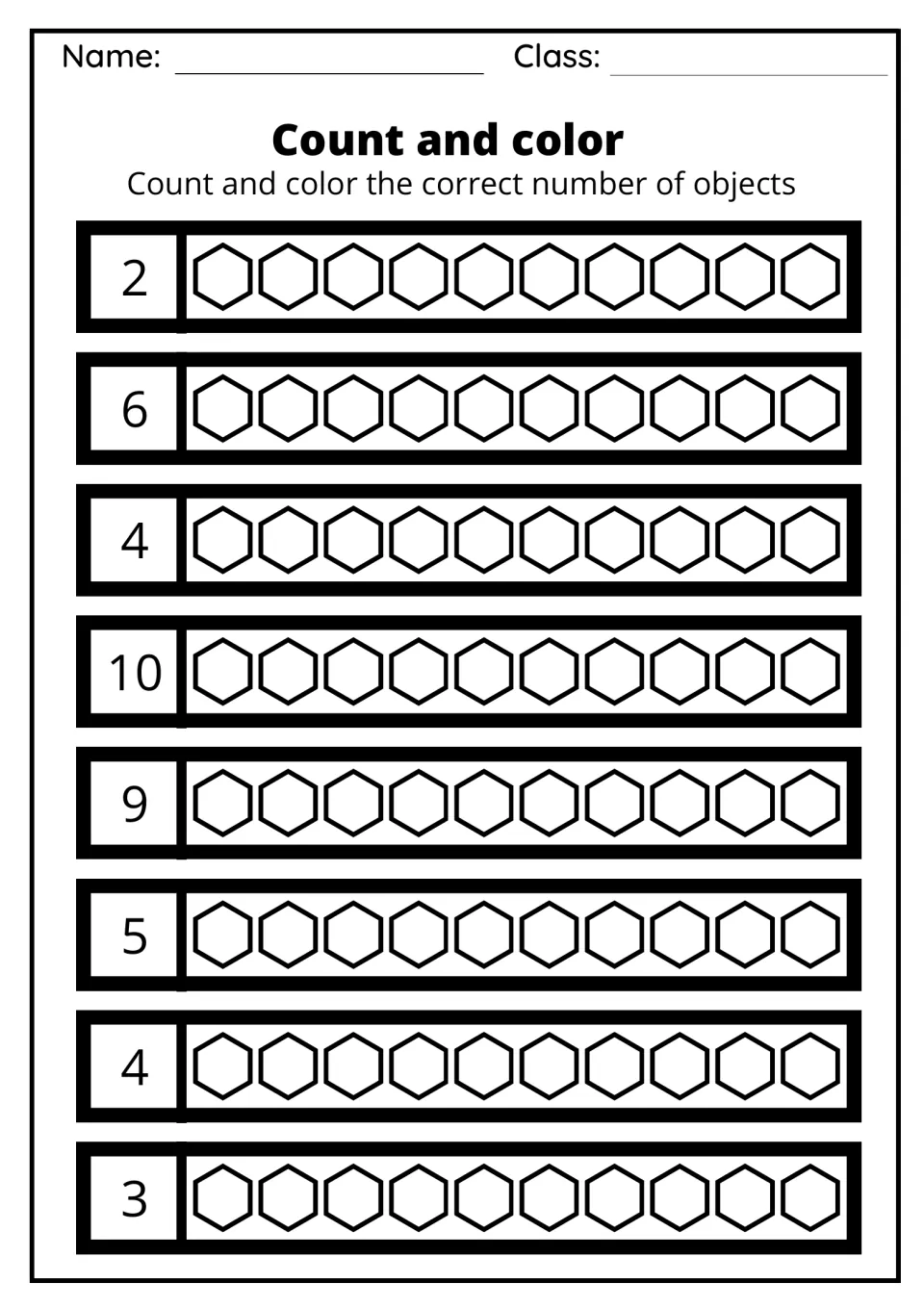Count and color: students shade the hexagons in each set of ten to match the numbers 2, 6, 4, 10, 9, 5, 4 and 3