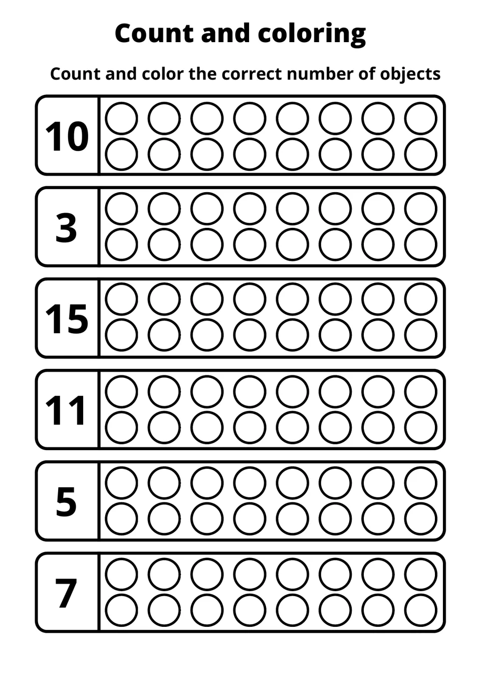 Counting and coloring practice sheet 1: color circles to match the numbers 10, 3, 15, 11, 5, and 7.