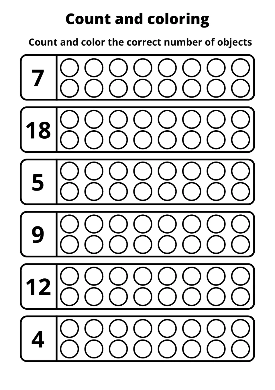 Counting and coloring practice sheet 2: color circles to match the numbers 7, 18, 5, 9, 12, and 4.