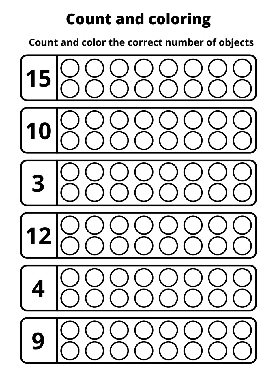 Counting and coloring practice sheet 3: color circles to match the numbers 15, 10, 3, 12, 4, and 9.