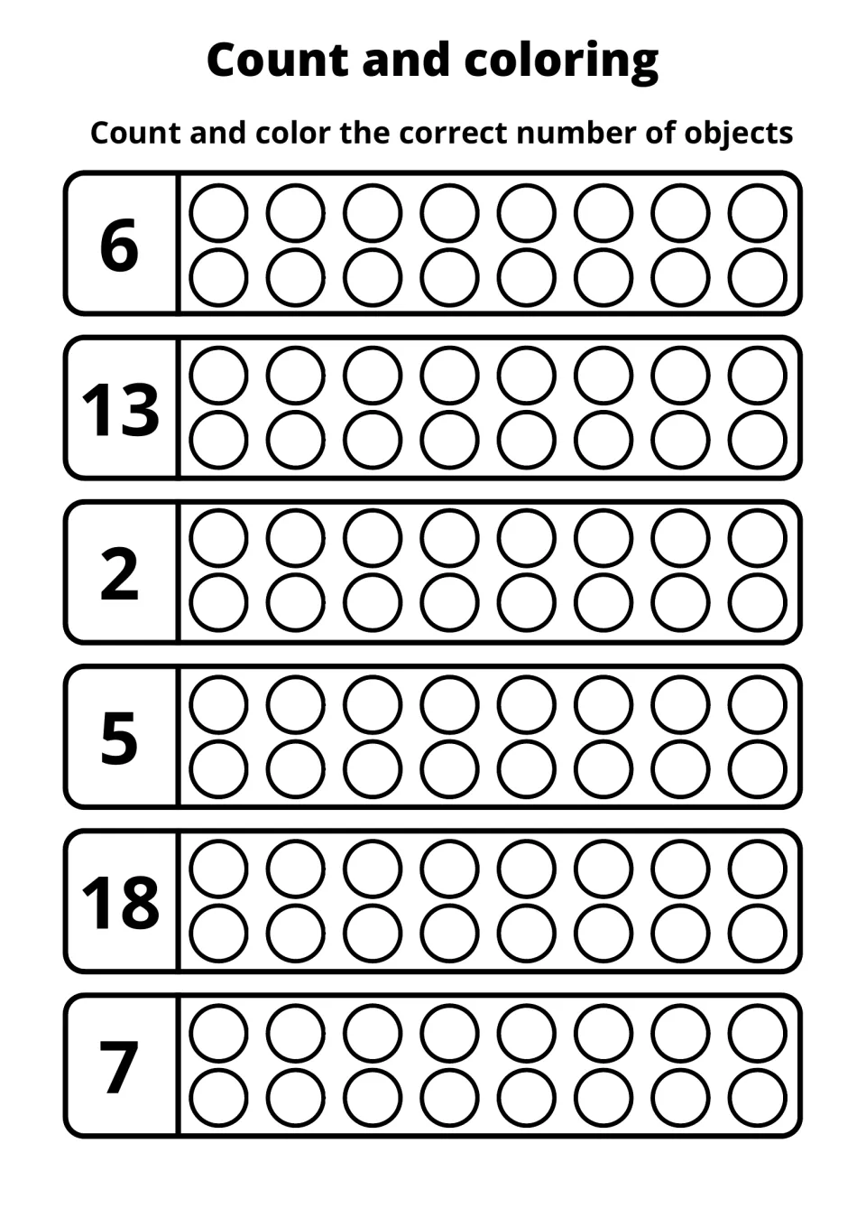 Counting and coloring practice sheet 4: color circles to match the numbers 6, 13, 2, 5, 18, and 7.