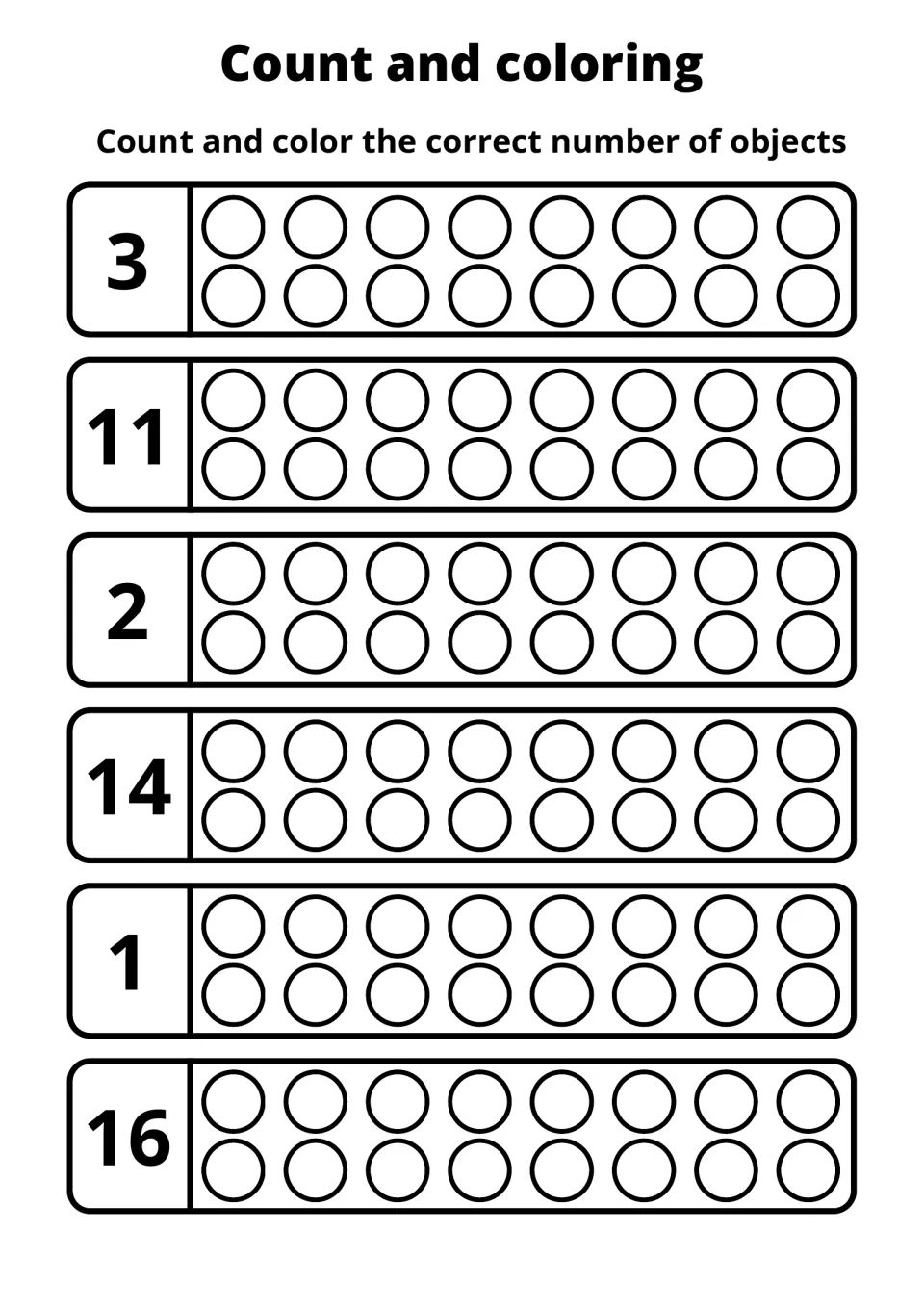 Counting and coloring practice sheet 5: color circles to match the numbers 3, 11, 2, 14, 1, and 16.