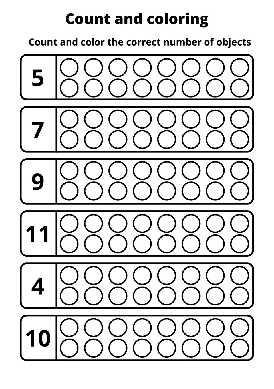 Counting and coloring practice sheet 6: color circles to match the numbers 5, 7, 9, 11, 4, and 10.