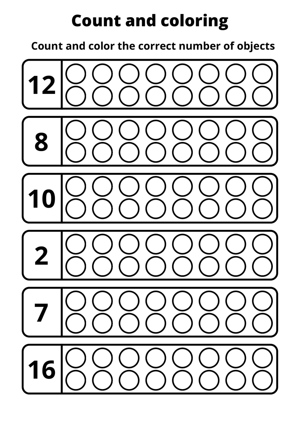 Counting and coloring practice sheet 7: color circles to match the numbers 12, 8, 10, 2, 7, and 16.