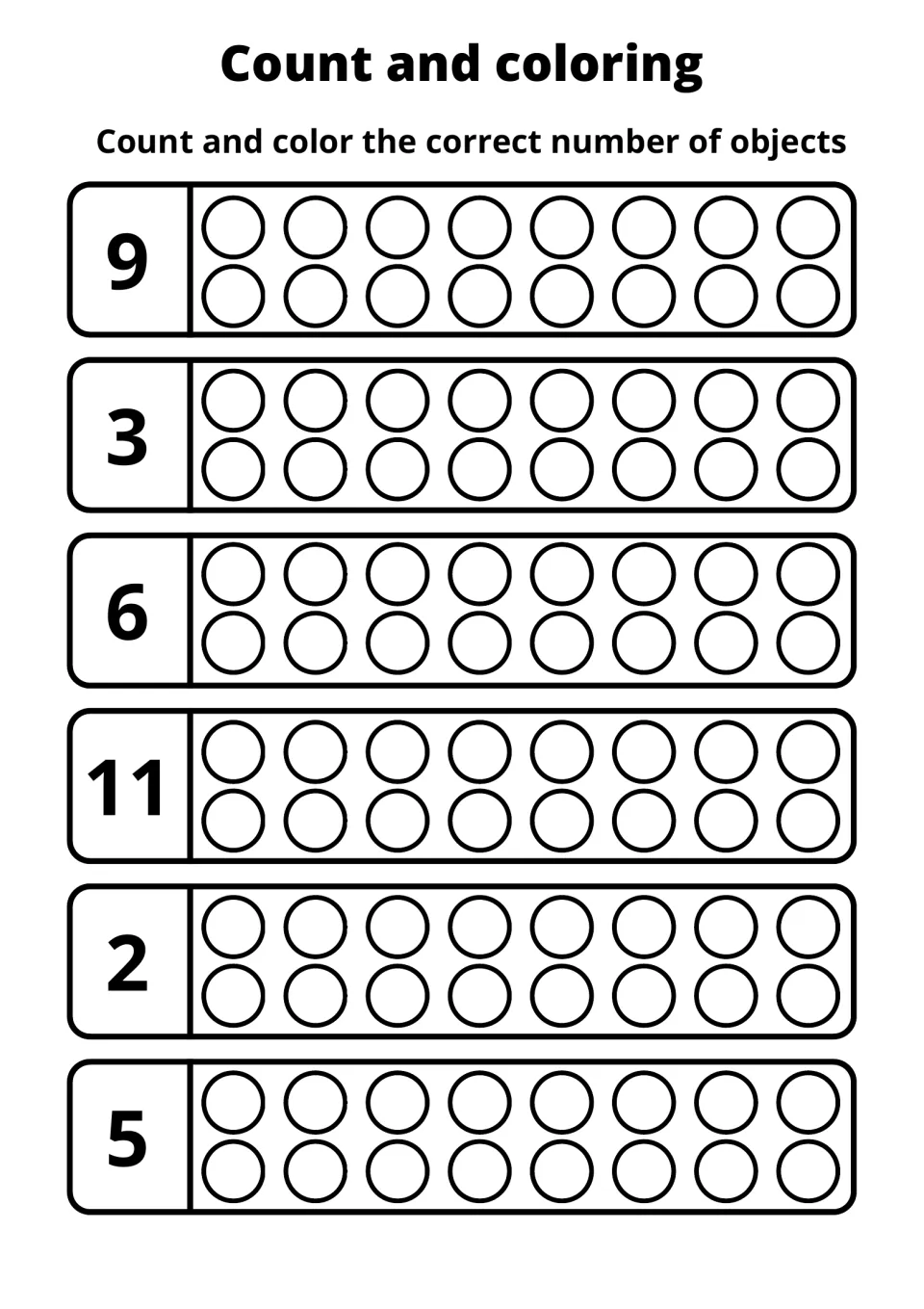 Counting and coloring practice sheet 8: color circles to match the numbers 9, 3, 6, 11, 2, and 5.