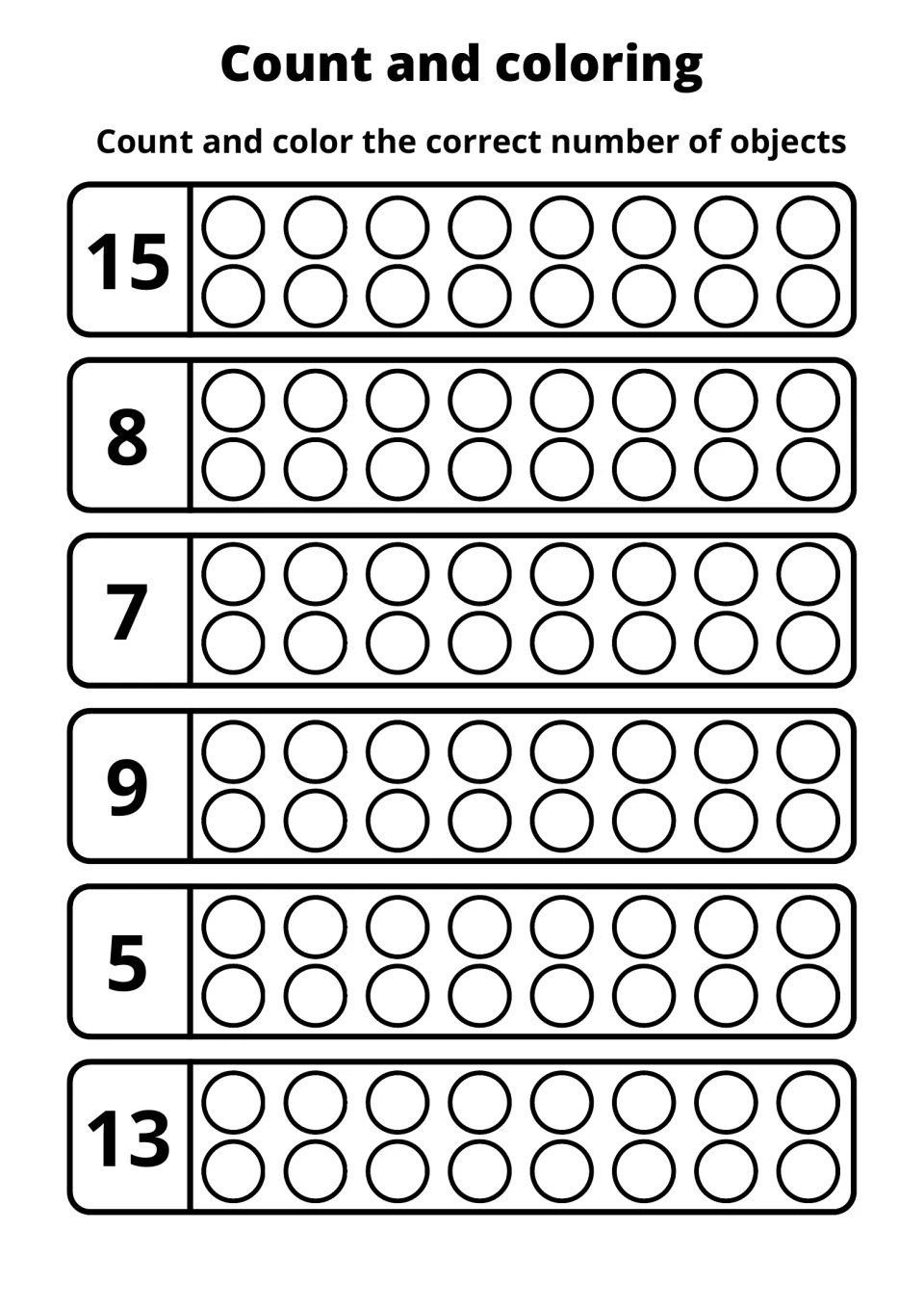 Counting and coloring practice sheet 9: color circles to match the numbers 15, 8, 7, 9, 5, and 13.