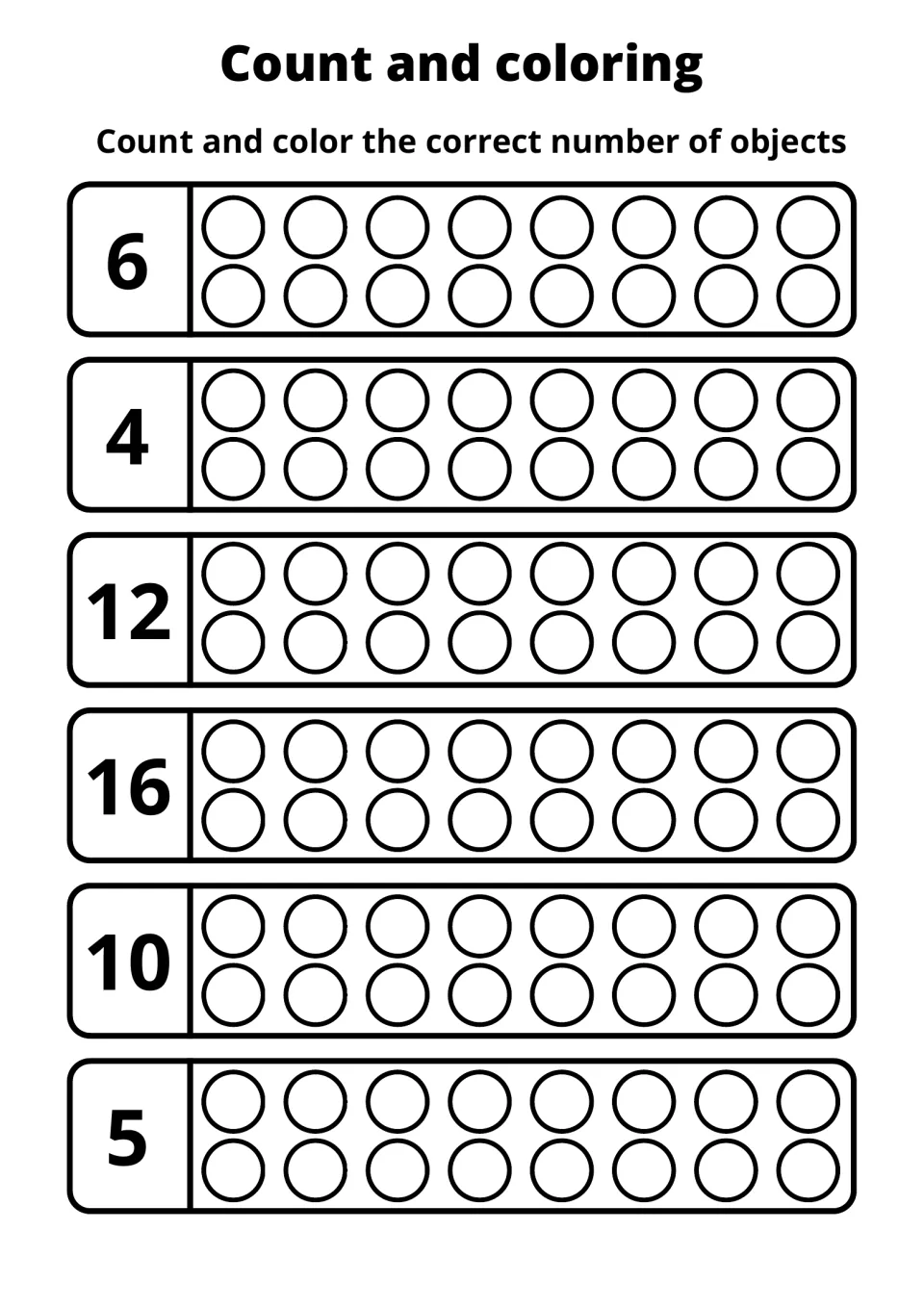 Counting and coloring practice sheet 10: color circles to match the numbers 6, 4, 12, 16, 10, and 5.