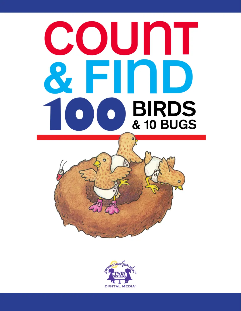 Interior title page for the counting eBook, showing three baby birds in a nest and a bug beside the nest