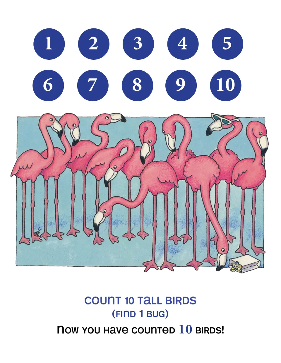 Counting scene for numbers 1–10: count 10 tall flamingos and find one bug to reach a running total of 10 birds