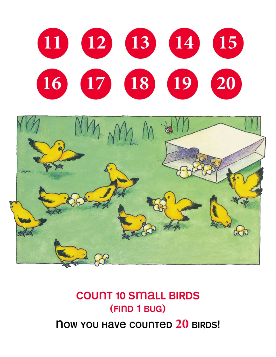 Counting scene for numbers 11–20: count 10 small birds and find one bug to reach a running total of 20 birds