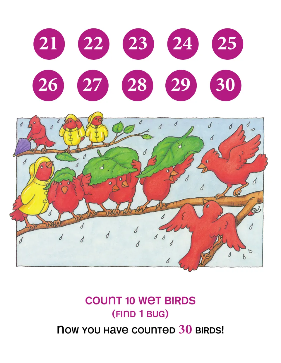 Counting scene for numbers 21–30: count 10 wet birds and find one bug to reach a running total of 30 birds
