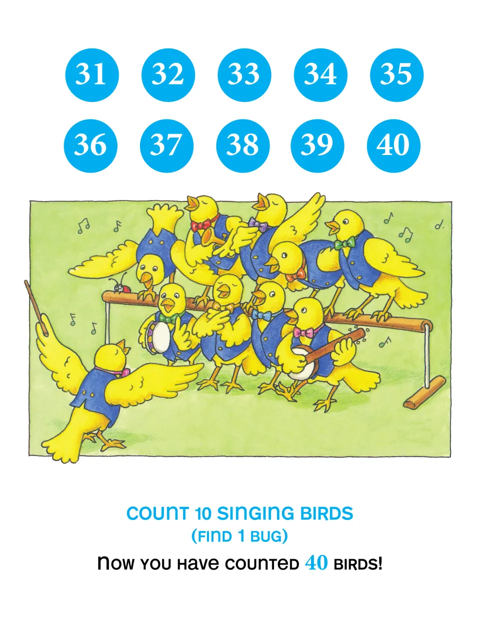 Counting scene for numbers 31–40: count 10 singing birds and find one bug to reach a running total of 40 birds