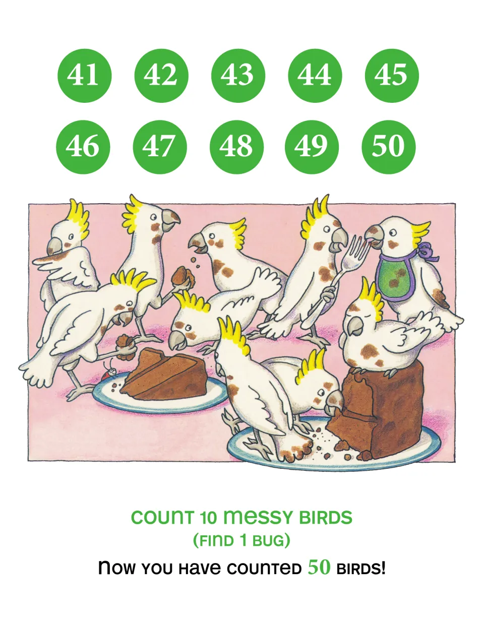 Counting scene for numbers 41–50: count 10 messy birds and find one bug to reach a running total of 50 birds