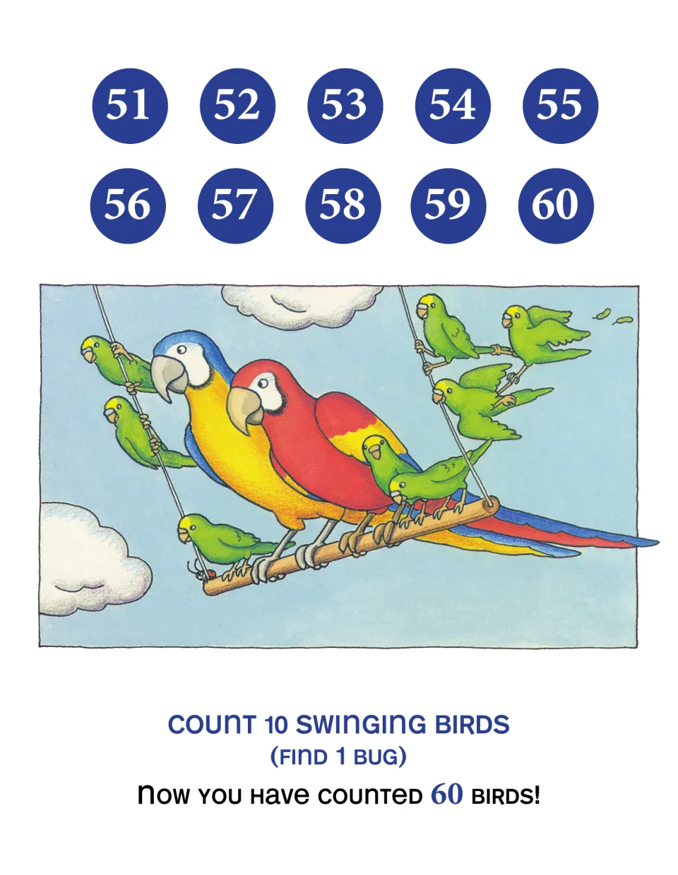 Counting scene for numbers 51–60: count 10 swinging birds and find one bug to reach a running total of 60 birds