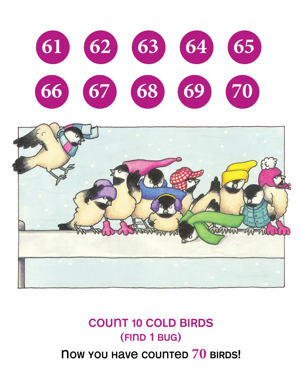 Counting scene for numbers 61–70: count 10 cold birds and find one bug to reach a running total of 70 birds