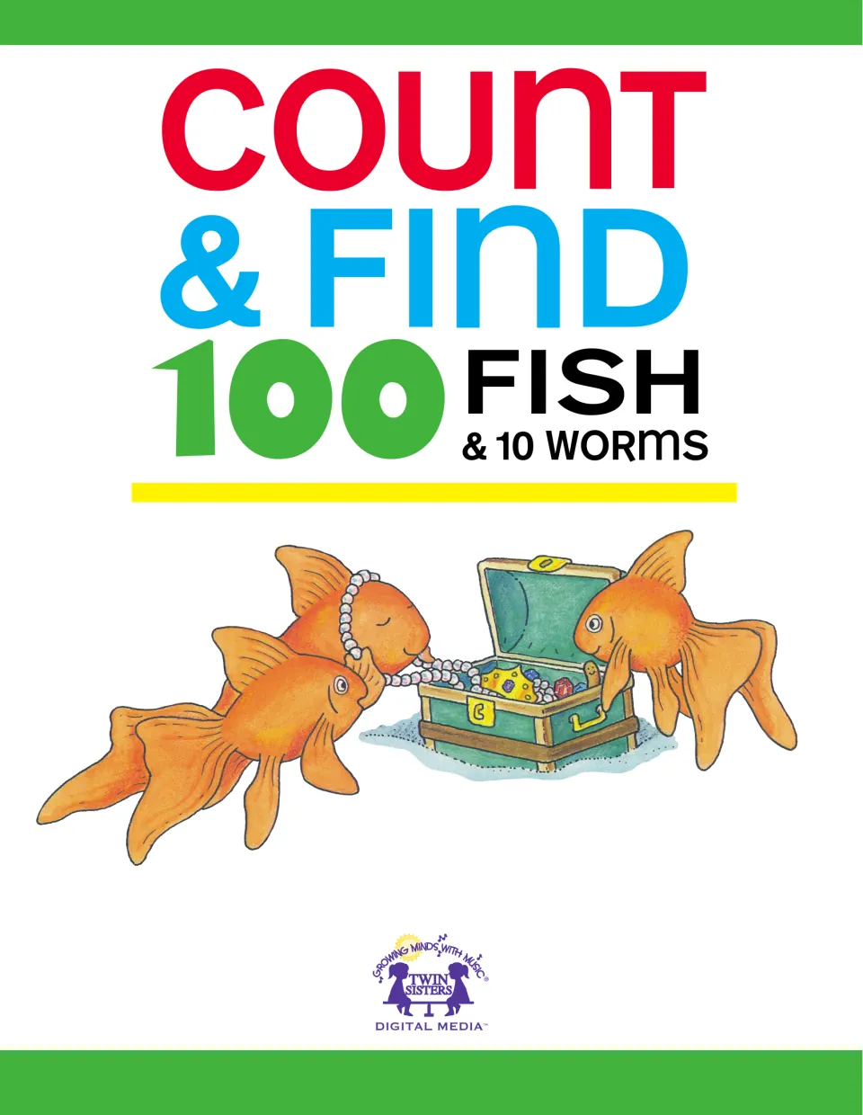 Inner title page showing three goldfish around an open treasure chest of jewels and pearls, Twin Sisters logo below