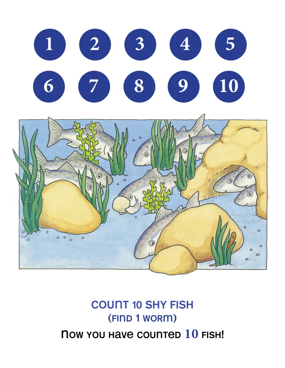 Counting 1 to 10: students count 10 shy silver fish hiding among rocks and seaweed, then find 1 hidden worm