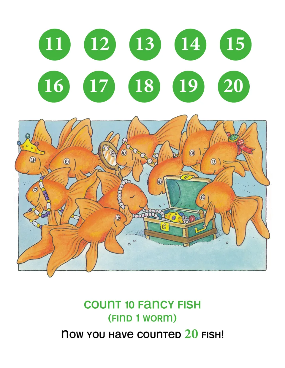 Counting 11 to 20: students count 10 fancy goldfish wearing crowns and pearls by a treasure chest and find a worm