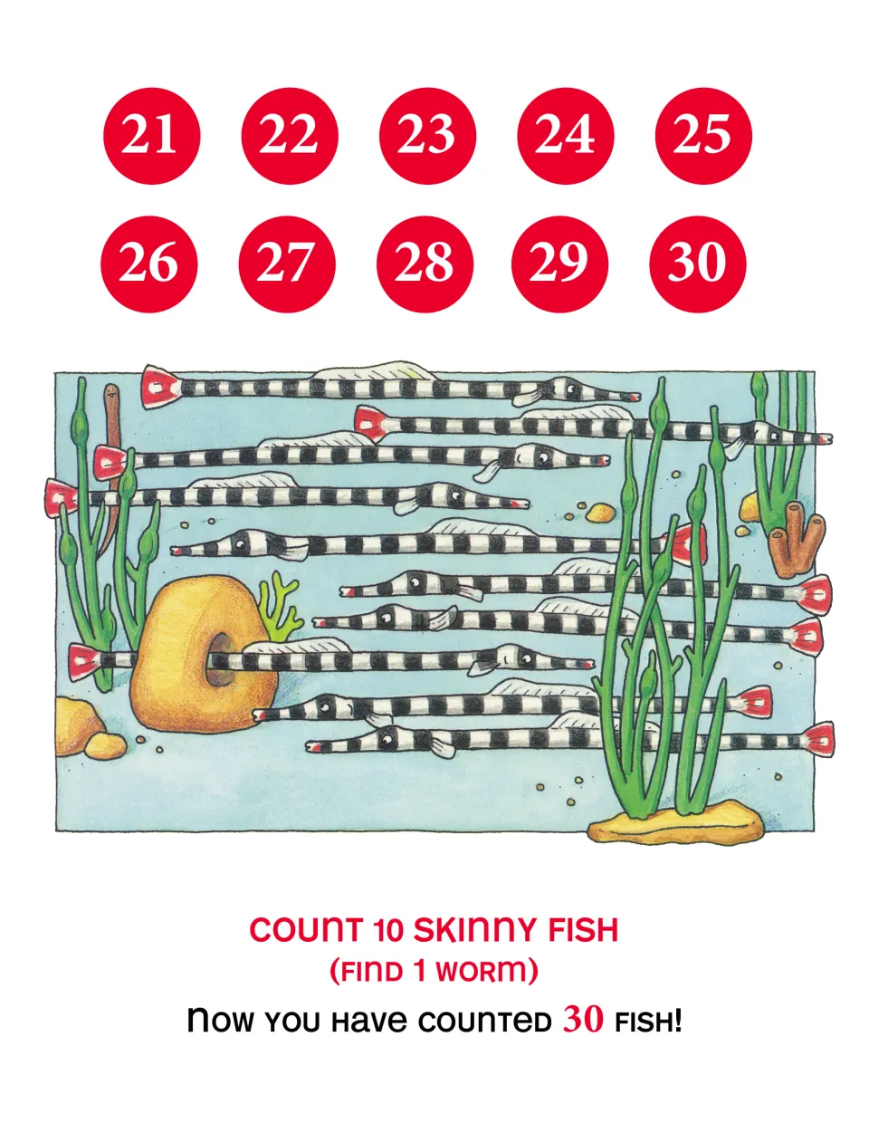 Counting 21 to 30: students count 10 skinny striped fish swimming past seaweed and spot the 1 worm hidden in the scene