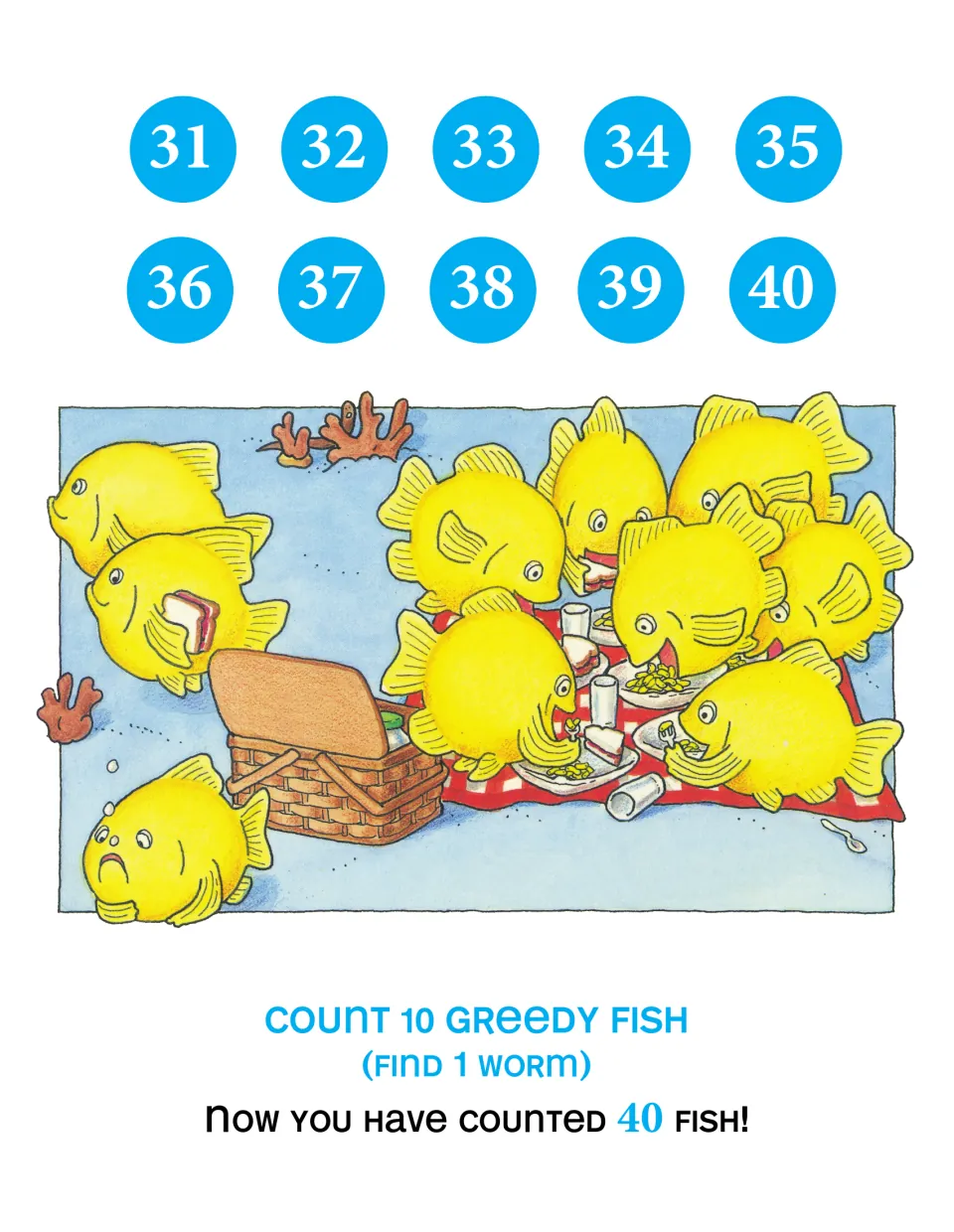 Counting 31 to 40: students count 10 greedy yellow fish at a picnic with sandwiches and pie, then look for 1 worm