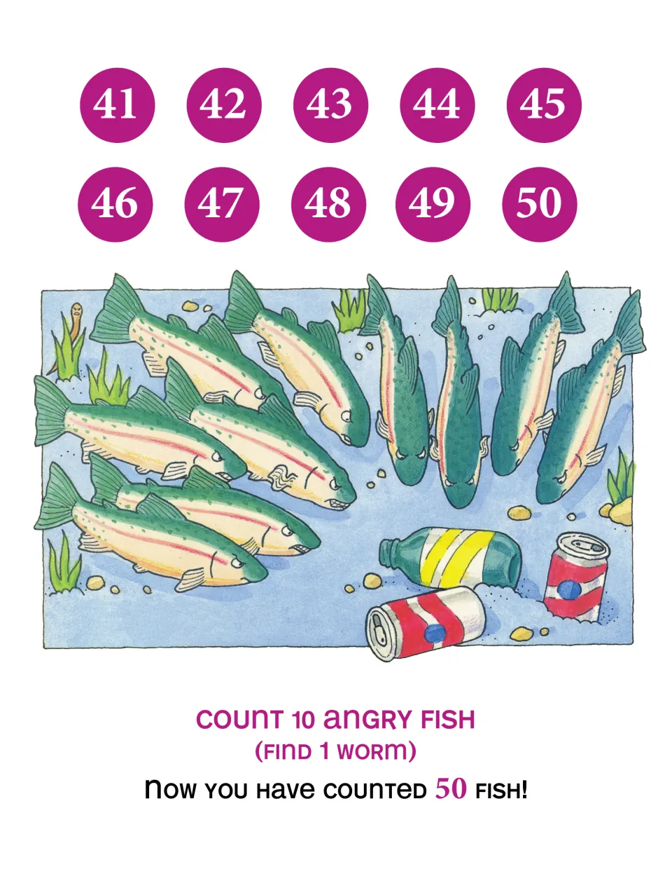 Counting 41 to 50: students count 10 angry green fish glaring at cans and a bottle on the seabed, then find 1 worm