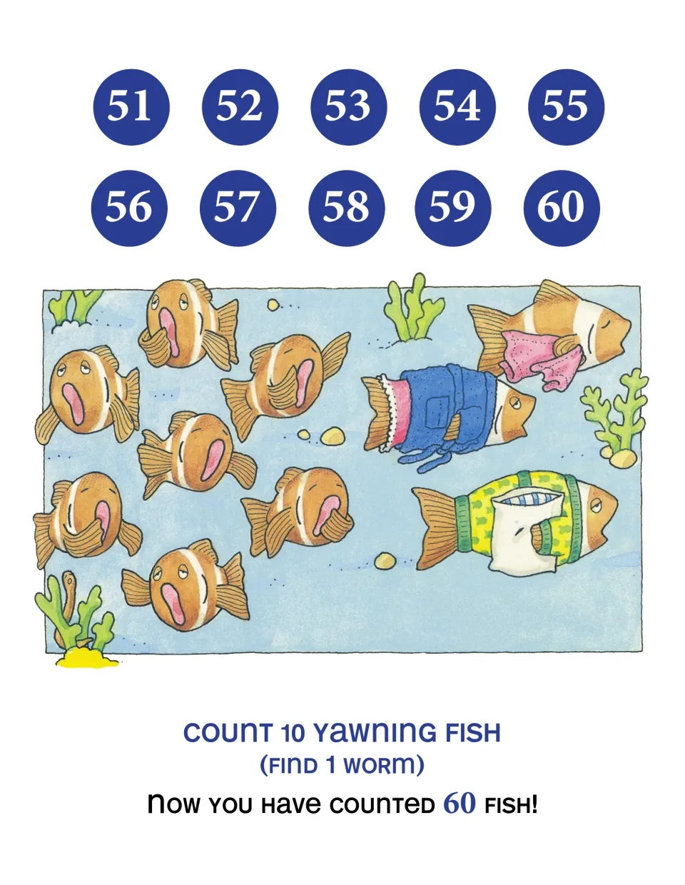 Counting 51 to 60: students count 10 yawning brown fish, some wrapped in robes and blankets, and look for 1 worm