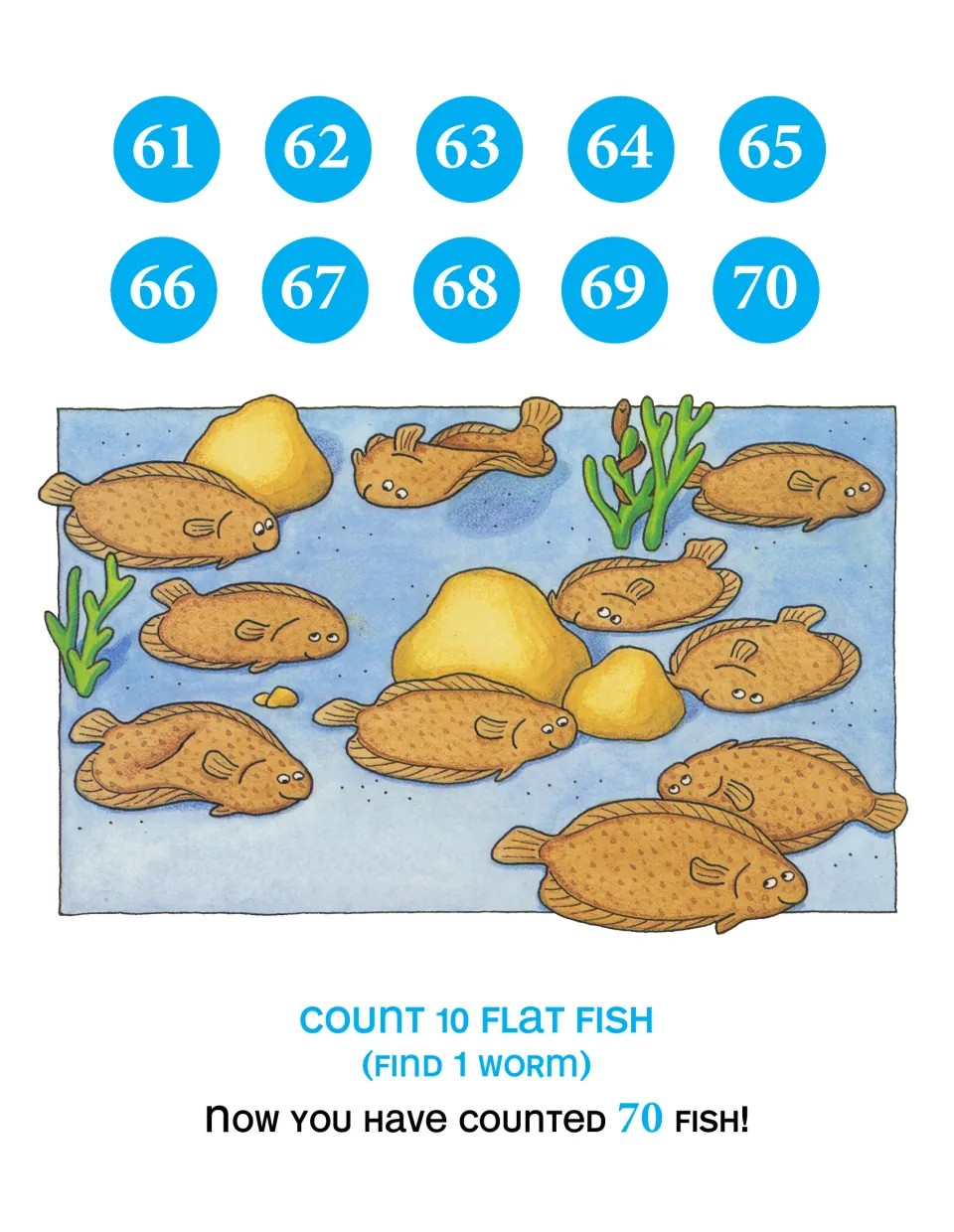 Counting 61 to 70: students count 10 flat fish resting on the sandy seabed by rocks and find 1 worm in the seaweed
