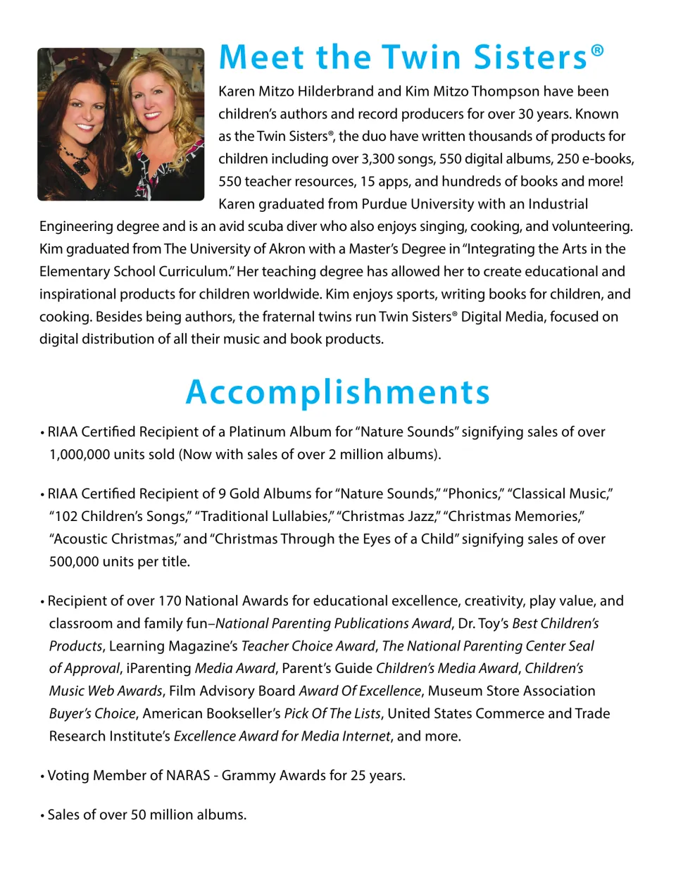Author page 'Meet the Twin Sisters': bios of Karen Mitzo Hilderbrand and Kim Mitzo Thompson, plus accomplishments