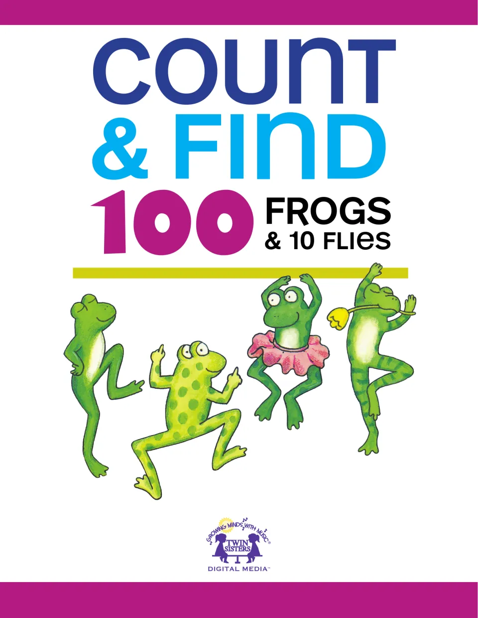 Title page of the frog counting eBook, repeating the title above four dancing frogs, one in a pink tutu