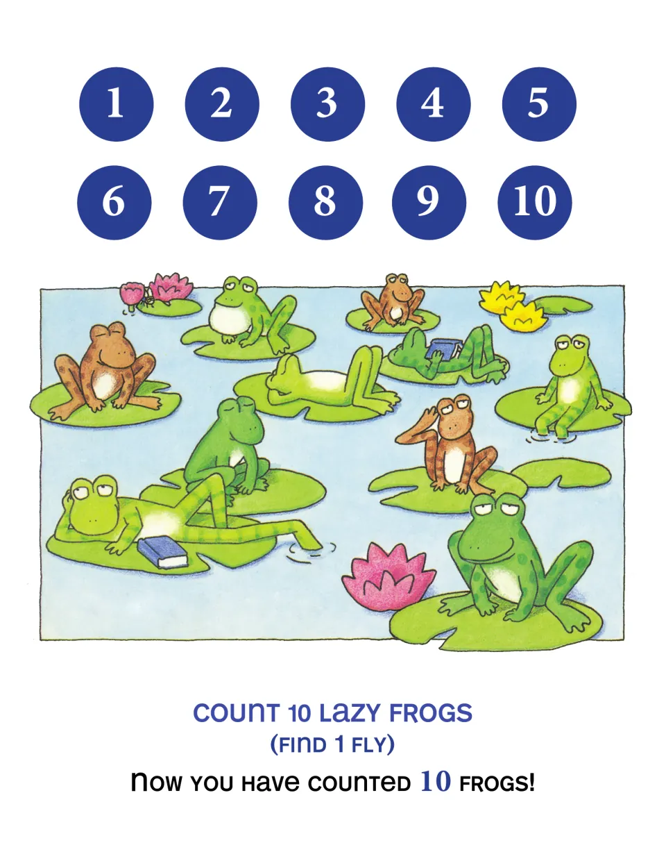Numbers 1–10 page: 'Count 10 lazy frogs (Find 1 fly)' with frogs lounging and reading on lily pads