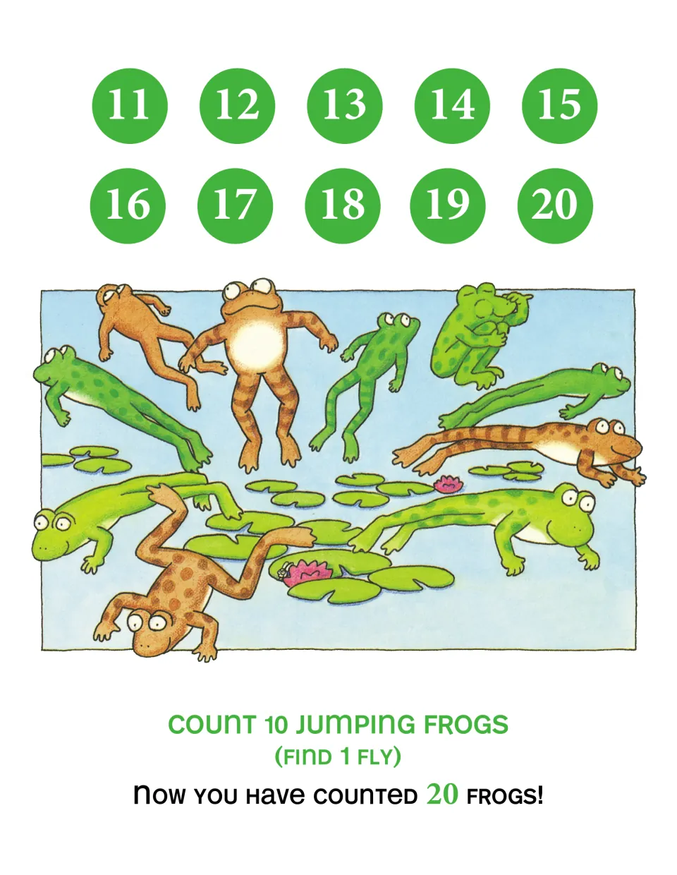 Numbers 11–20 page: 'Count 10 jumping frogs (Find 1 fly)' with frogs leaping over lily pads; total now 20 frogs