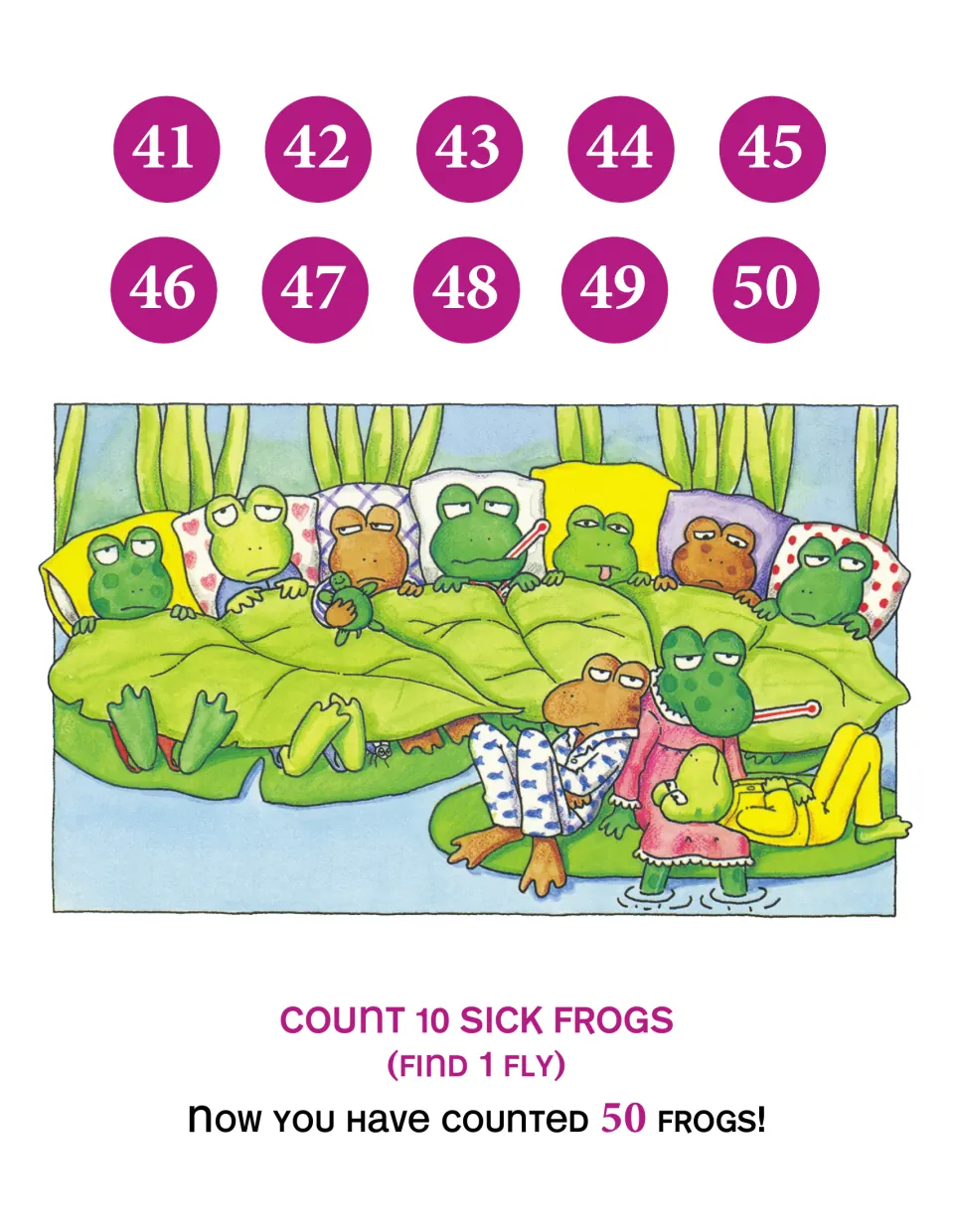 Numbers 41–50 page: 'Count 10 sick frogs (Find 1 fly)' with frogs in bed under leaf blankets; total now 50 frogs
