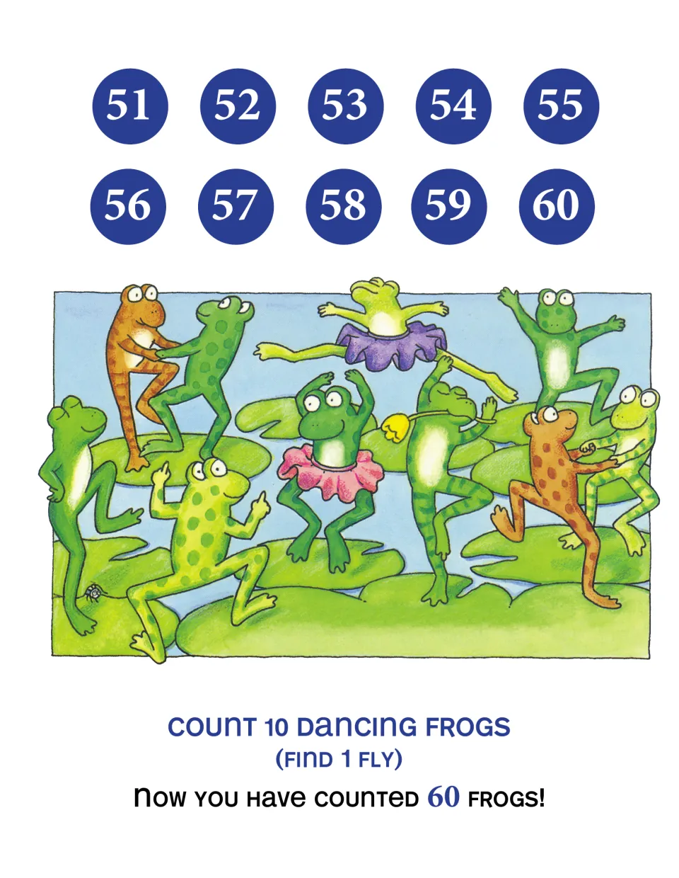 Numbers 51–60 page: 'Count 10 dancing frogs (Find 1 fly)' with frogs dancing, two in tutus; total now 60 frogs