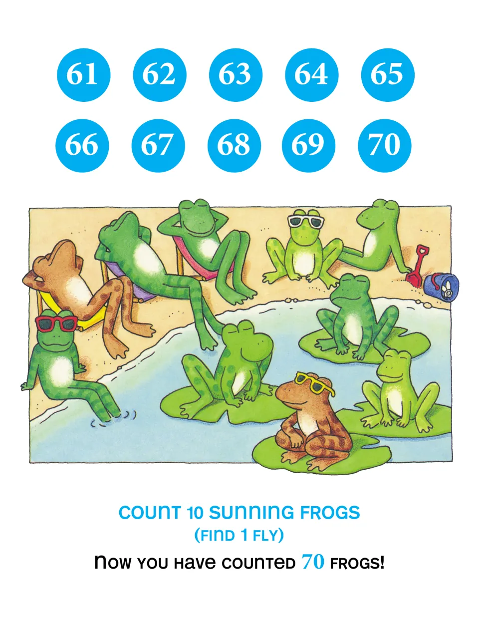Numbers 61–70 page: 'Count 10 sunning frogs (Find 1 fly)' with frogs at a sunny beach; total now 70 frogs