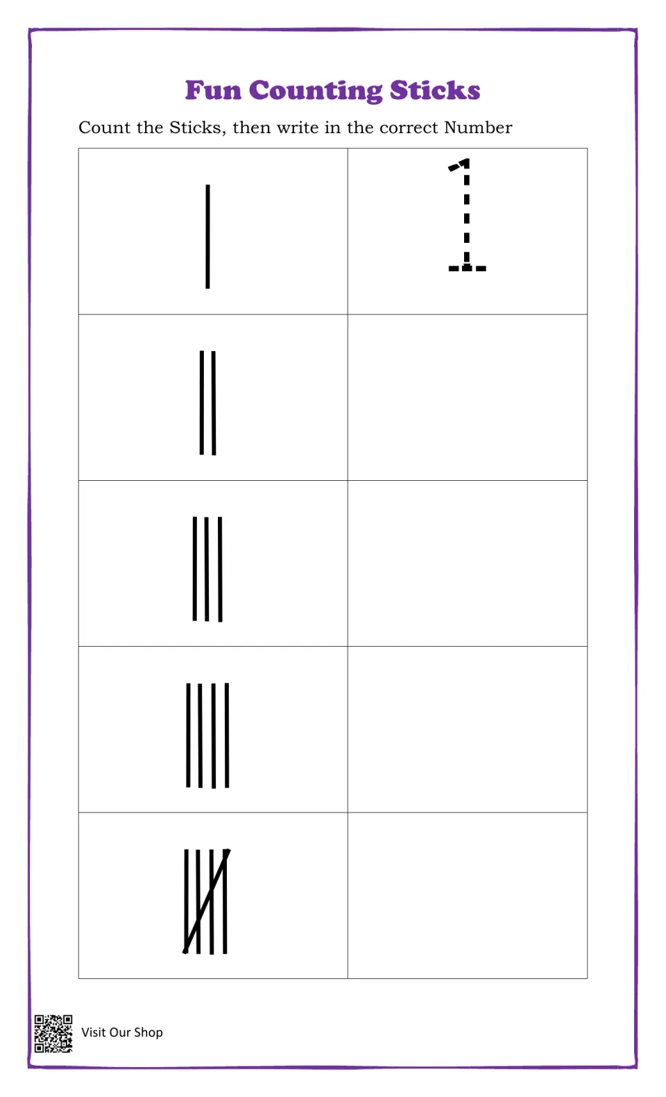 Fun Counting Sticks: students count tally marks from 1 to 5 and write each number, with the first 1 shown dashed to trace