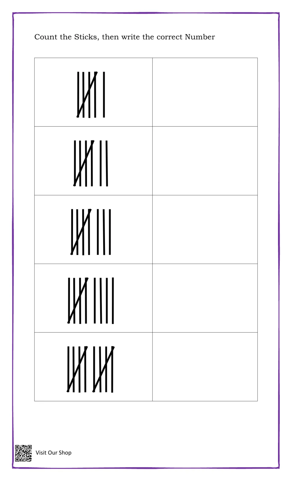Tally counting 6 to 10: students count sticks grouped as a bundle of five plus extras and write the matching number