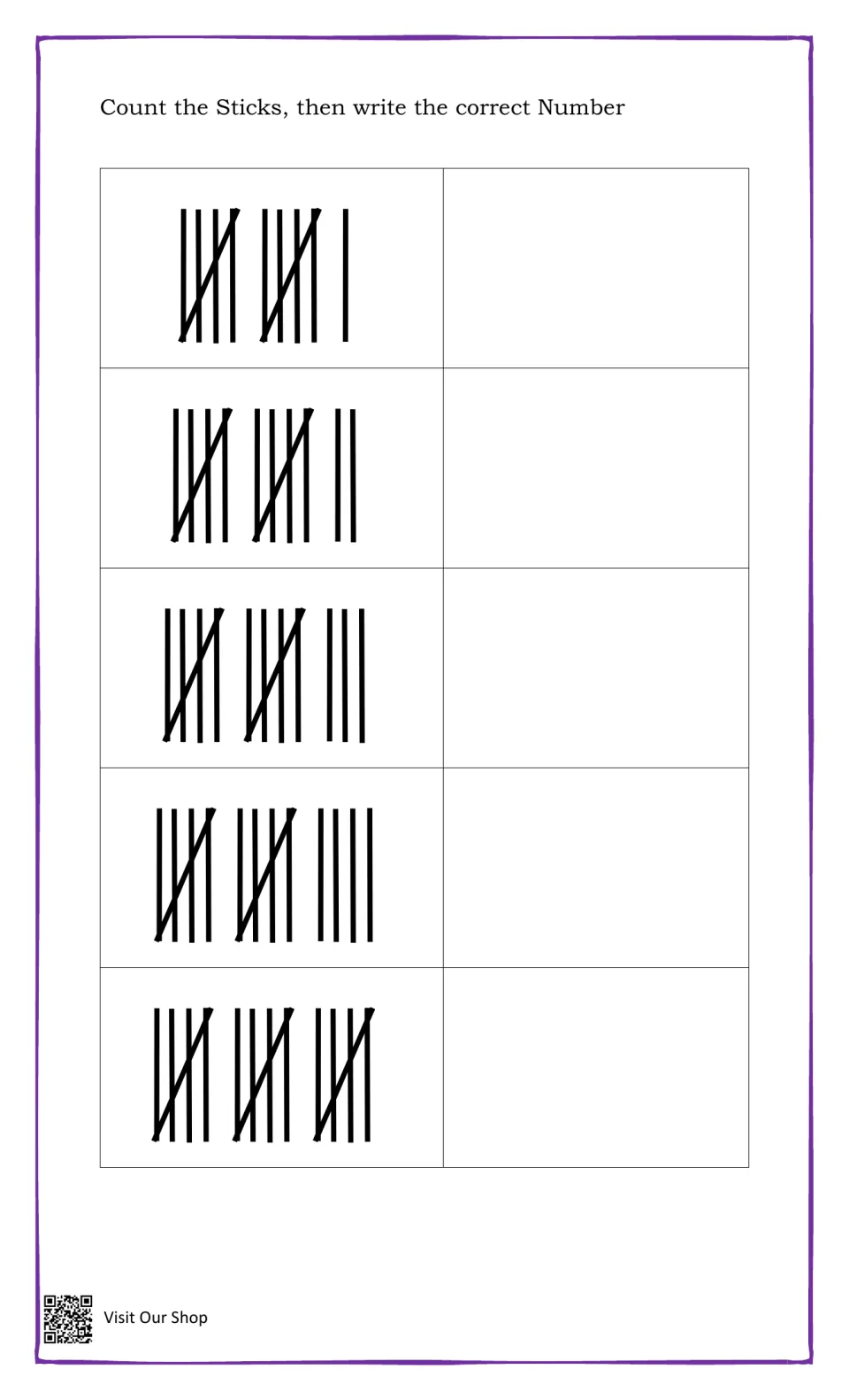 Tally counting 11 to 15: students count two bundles of five plus extra sticks and write each total in the blank space