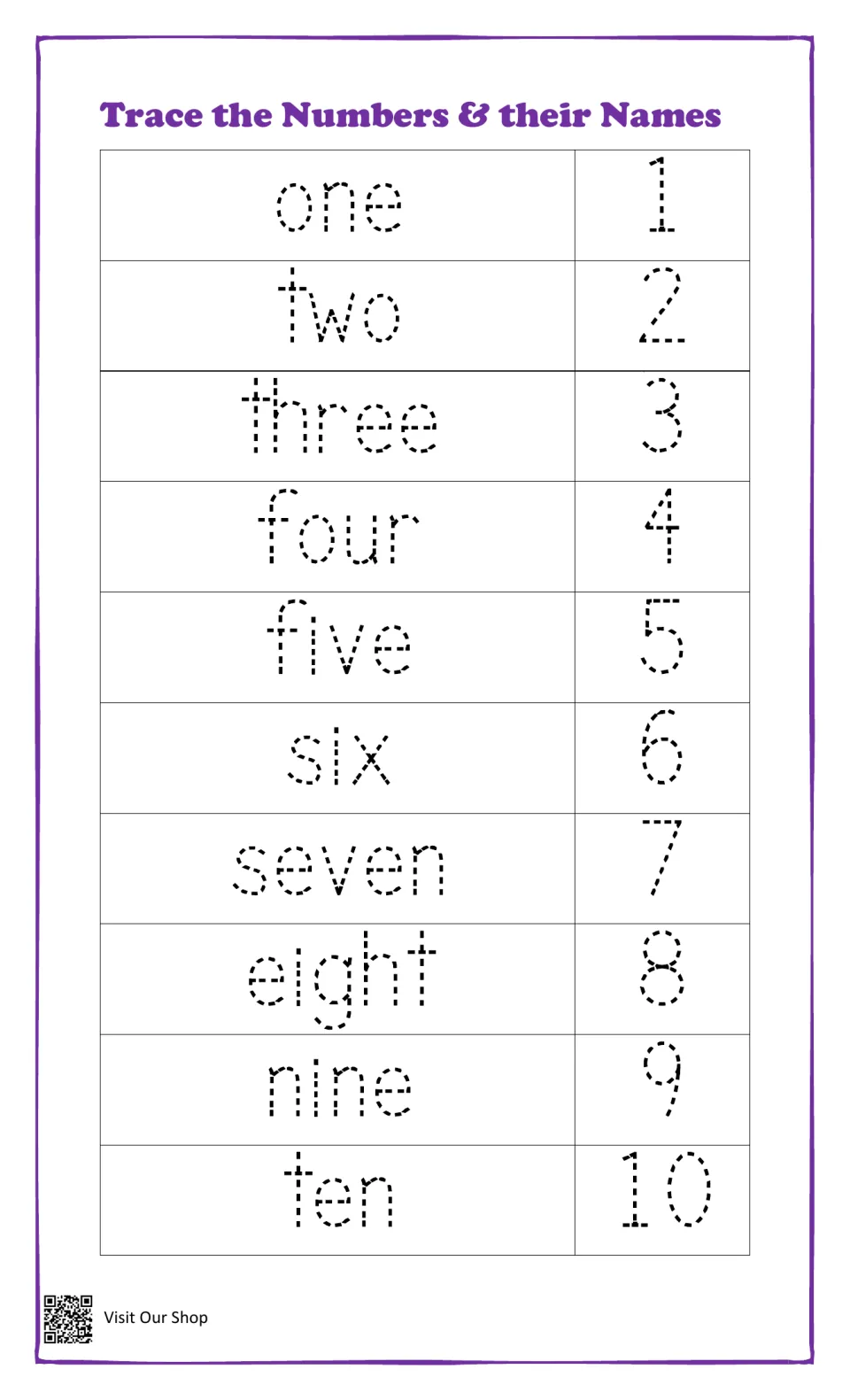 Trace the Numbers & their Names: students trace the dashed number words one to ten and numerals 1 to 10