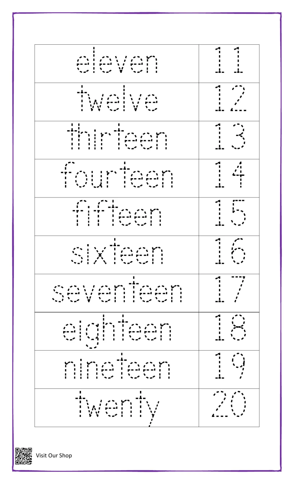 Number word tracing for eleven to twenty: students trace each dashed word and its matching numeral, 11 through 20