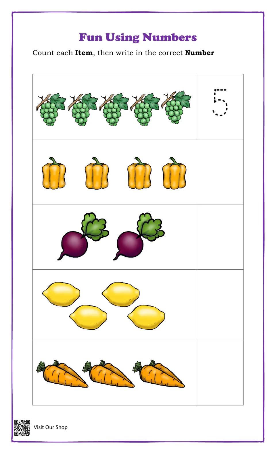 Fun Using Numbers: students count pictured grapes, peppers, beets, lemons and carrots and write how many, 5 traced first