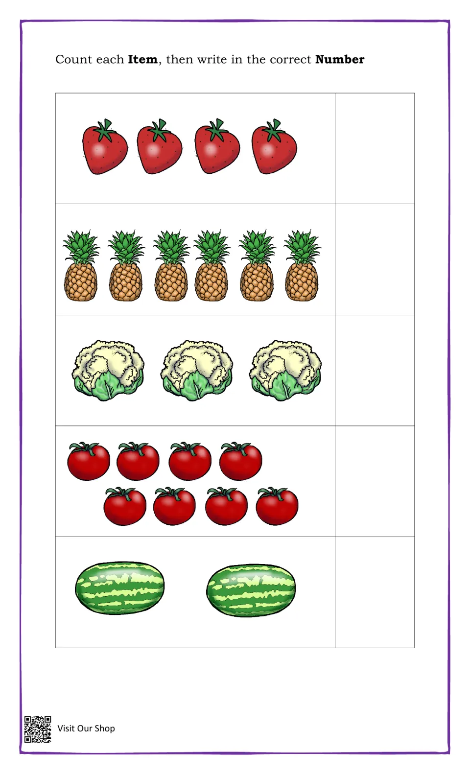 Picture counting: students count strawberries, pineapples, cauliflower, tomatoes and watermelons, then write each total