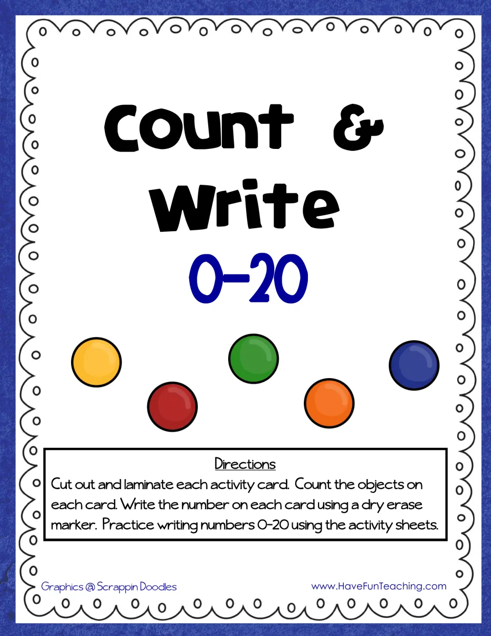 Count & Write 0-20 cover with directions: cut out and laminate cards, count the objects, write each number with dry erase