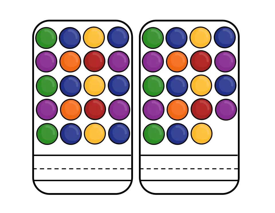 Counting cards for 20 and 19: students count the colored balls on each card and write the matching numeral below