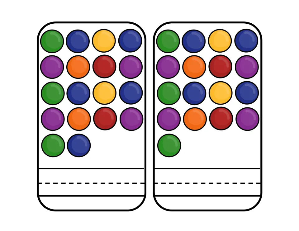 Counting cards showing 18 and 17 colored balls; students count each set and write the total as a numeral
