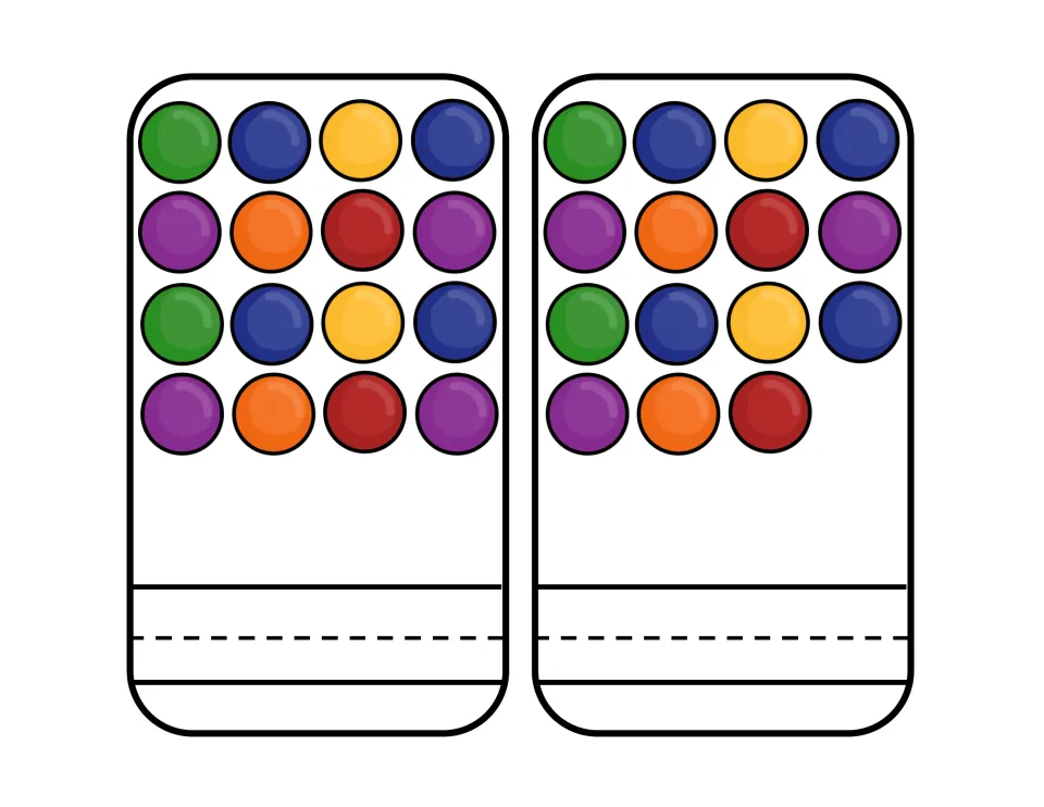 Number cards for 16 and 15: students count the balls arranged in rows of four and write the numeral for each