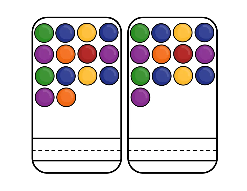 Teen number cards with 14 and 13 balls: students count the set on each card and practise writing the teen numeral